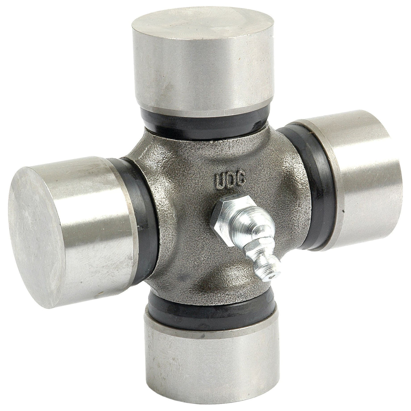 The Sparex Universal Joint 32 x 86.15mm, Part No. S.57449, includes four metallic caps and a central pivot point with a grease fitting on one side, suitable for Ford New Holland applications.