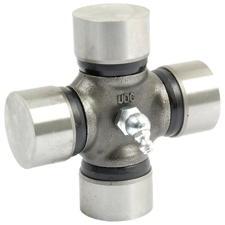 The Sparex Universal Joint 32 x 86.15mm, Part No. S.57449, includes four metallic caps and a central pivot point with a grease fitting on one side, suitable for Ford New Holland applications.