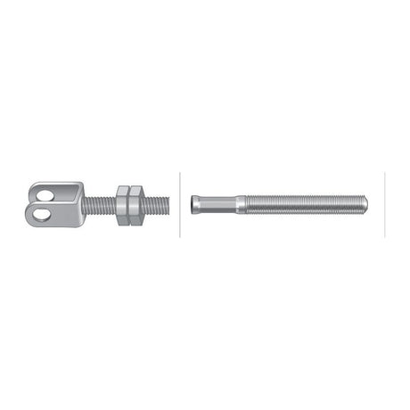 Two metal turnbuckle components are shown side by side, including a threaded eye bolt with a double-holed fitting and a long threaded rod, ideal for use in your David Brown tractor or along with your Sparex Engine Stop Cable (Part No. S.57466) with a length of 1430mm and an outer cable length of 1306mm.