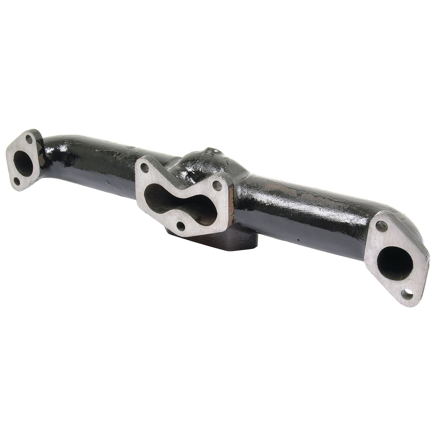 Introducing the Sparex Exhaust Manifold (4 Cyl.) - Part No. S.57474, a black cast iron manifold featuring three openings and flanges on both ends, specifically designed for David Brown internal combustion engines.