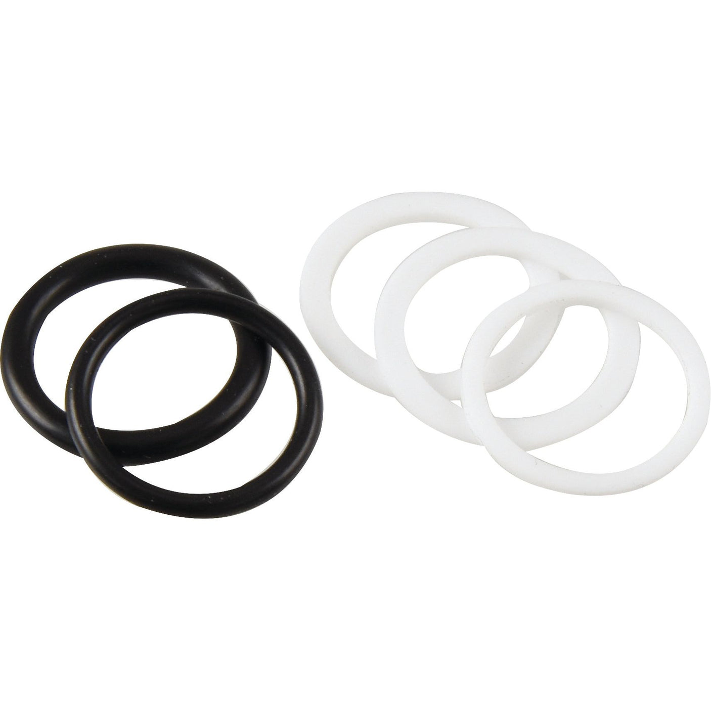 Five rubber O-rings, part of the Seal Repair Kits for Quick Release Couplings 1/2'' (Fits: S.2961 & S.4838) - S.5747 by Sparex, with two in black and three in white, arranged on a white background.