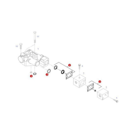 Diagram showing an exploded view of a mechanical assembly, including numbered parts such as bolts, washers, and rectangular components. This illustration resembles the precision found in Fendt's Seal Kits - F737950030020 by AGCO.