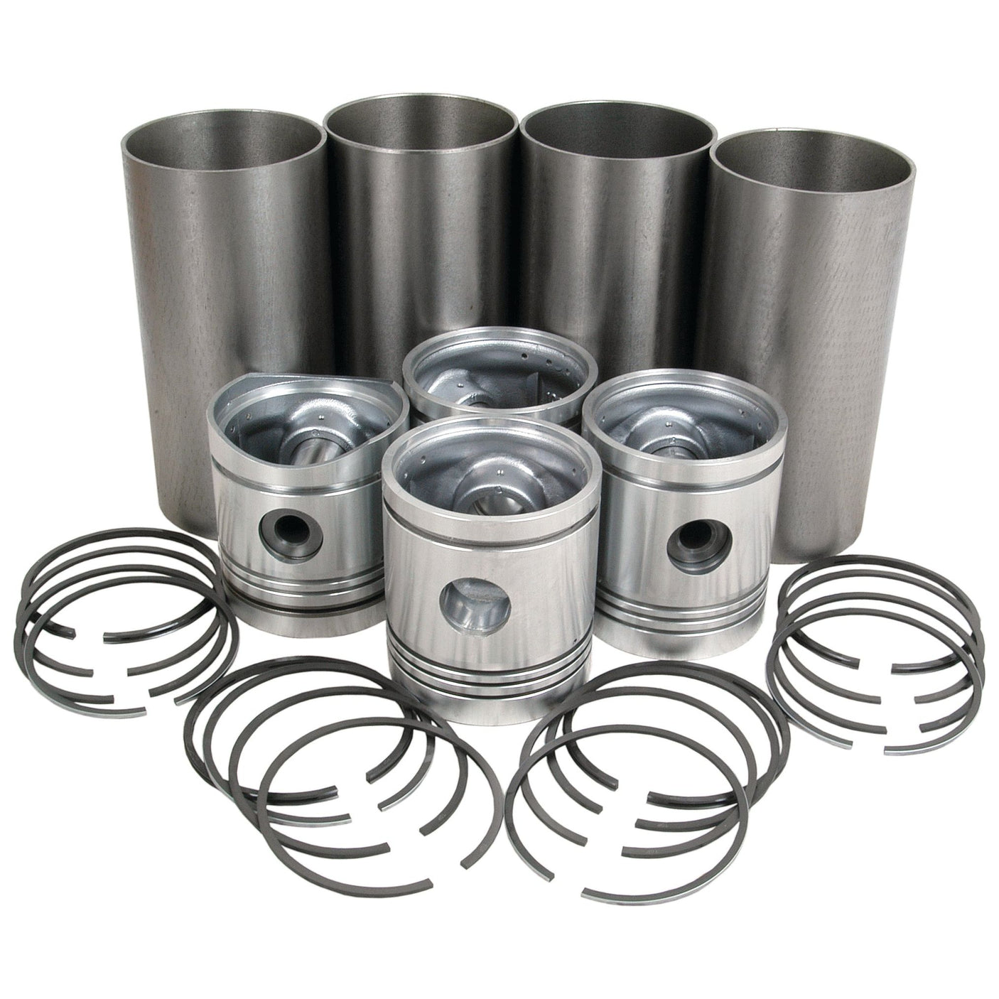 A set of automotive engine parts, including four cylindrical piston sleeves (Sparex Piston Liner, Semi Finished, Part No. S.57504), four pistons, and several piston rings arranged neatly against a white background. Featuring high-quality components from Sparex.