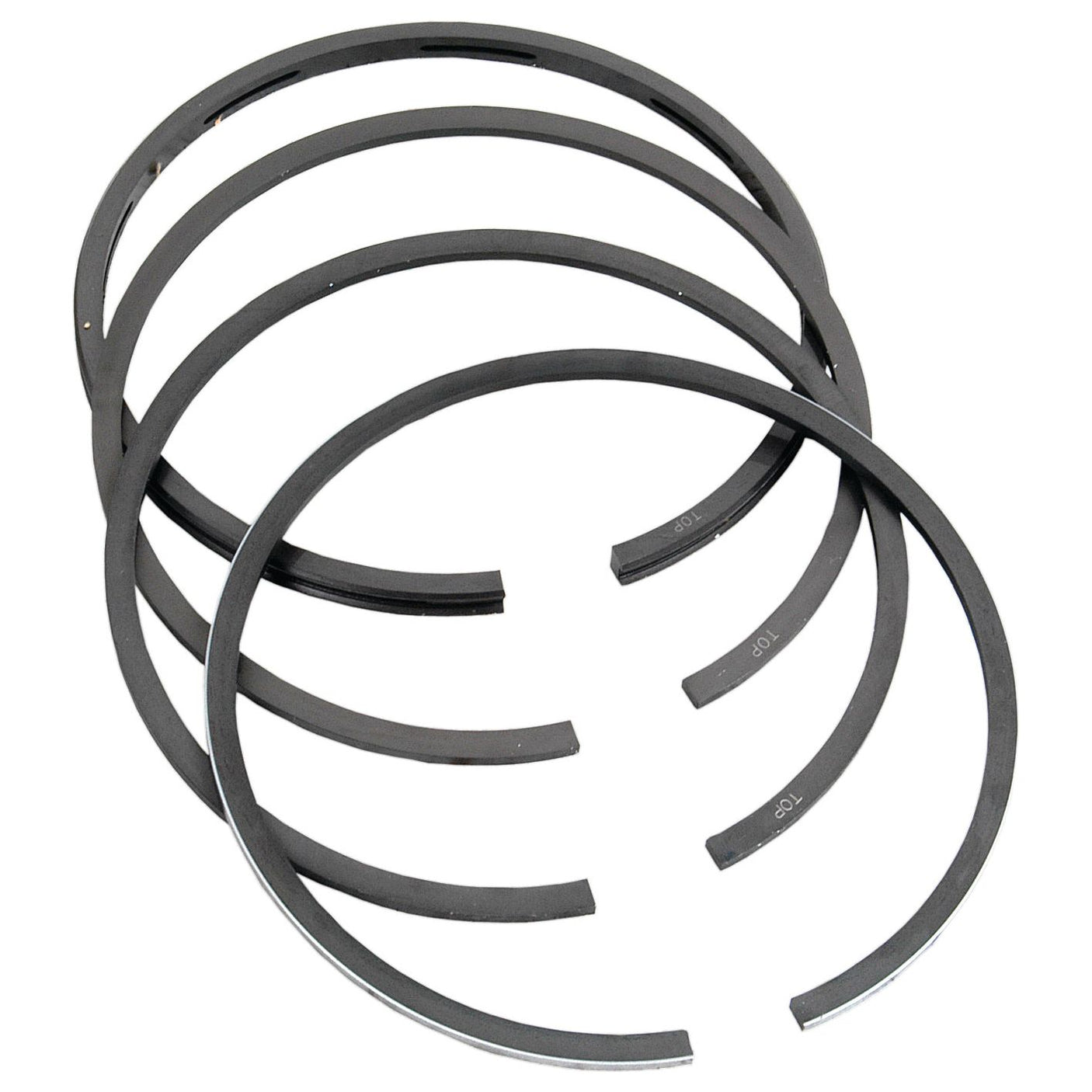 A set of four black piston rings, slightly overlapping in a circular pattern, chrome plated for durability. This premium Piston Ring Std. set (Sparex Part No.S.57508) by Sparex is ideal for Case IH machinery.