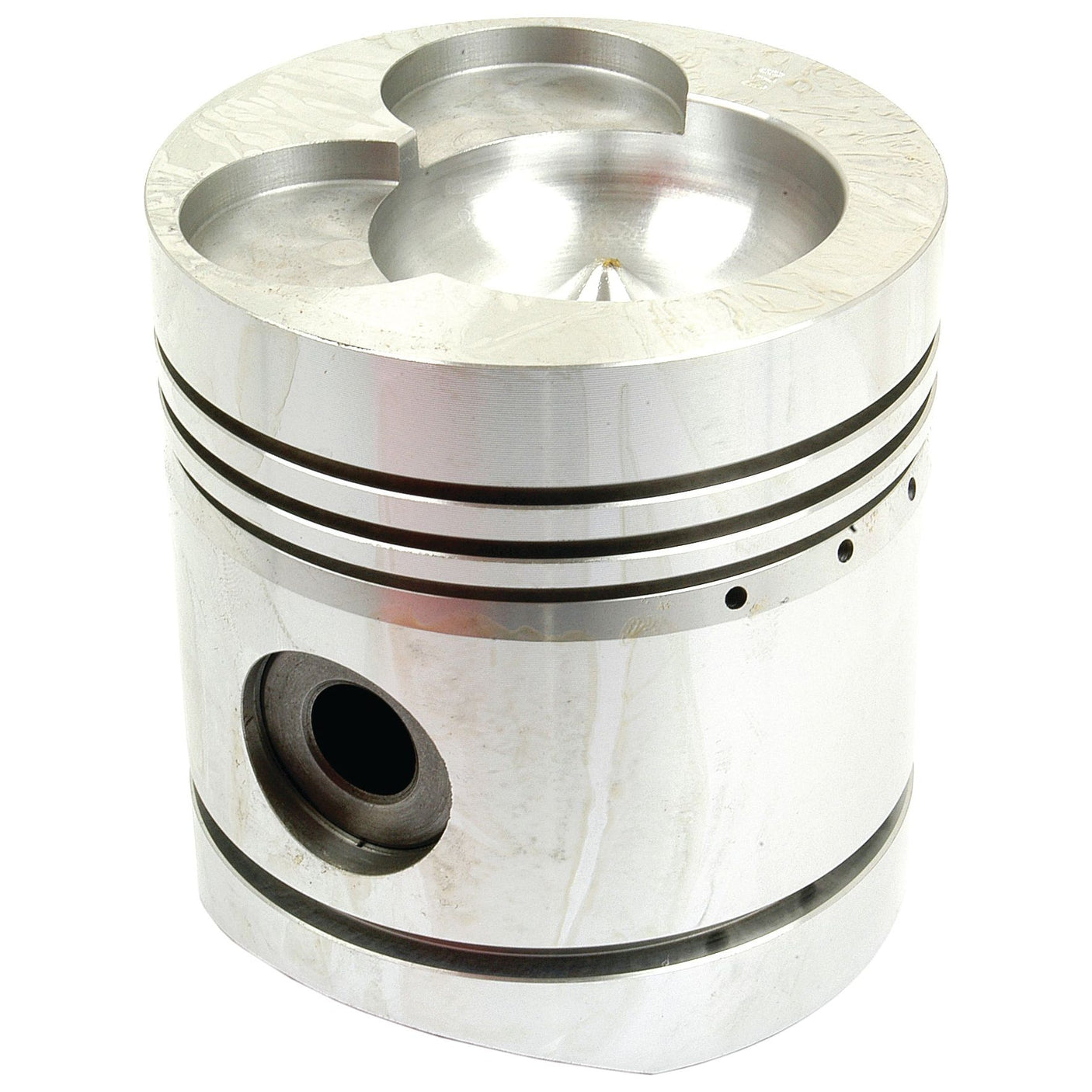 Detailed view of the Sparex Piston (0.020'') - S.57512 with its metallic grooves and holes, highlighting its cylindrical shape, bore diameter, and intricate surface features.