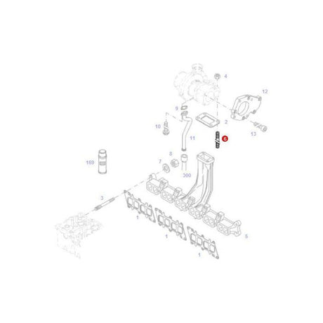 Diagram of a disassembled engine part, with numbered labels pointing to various components. Notable components include a cylinder head, gaskets, and the AGCO Fendt - Stud Bolt - F339202100310 commonly found in Vario and Fendt Models.