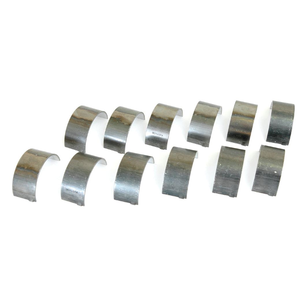 A set of twelve curved metal bearing shells, reminiscent of those used in Case IH machinery, arranged in two rows on a white background. Product Name: Conrod Bearing Std. Set | Sparex Part No.S.57523, Brand Name: Sparex