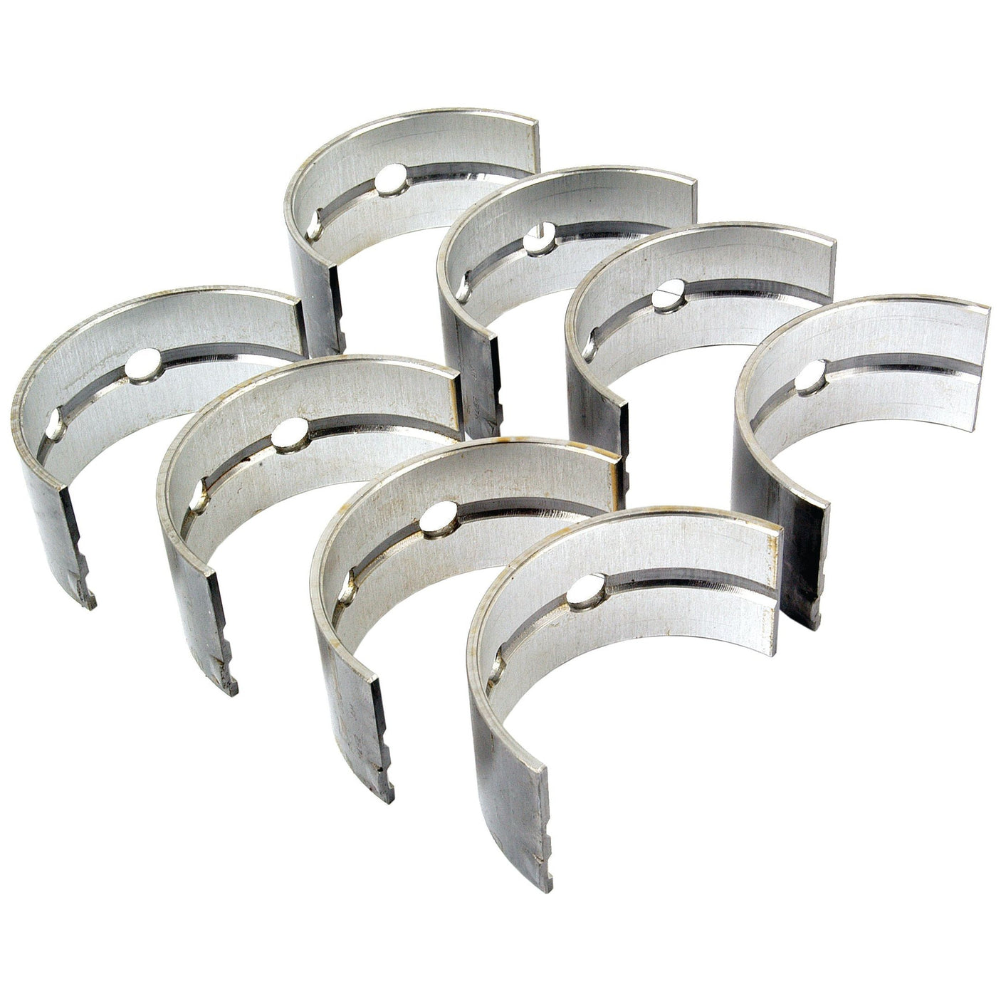 A set of Sparex S.57533 Main Bearing +0.020'' (0.50mm) shells, comprising eight silver metal semi-circular pieces with a central hole, arranged in an overlapping pattern.