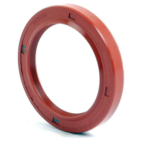 The Sparex Oil Seal | Sparex Part No.S.57541 is a red rubber oil seal with a ridged outer surface and a smooth inner ring, frequently used in machinery such as Case IH or David Brown tractors to prevent leaks.