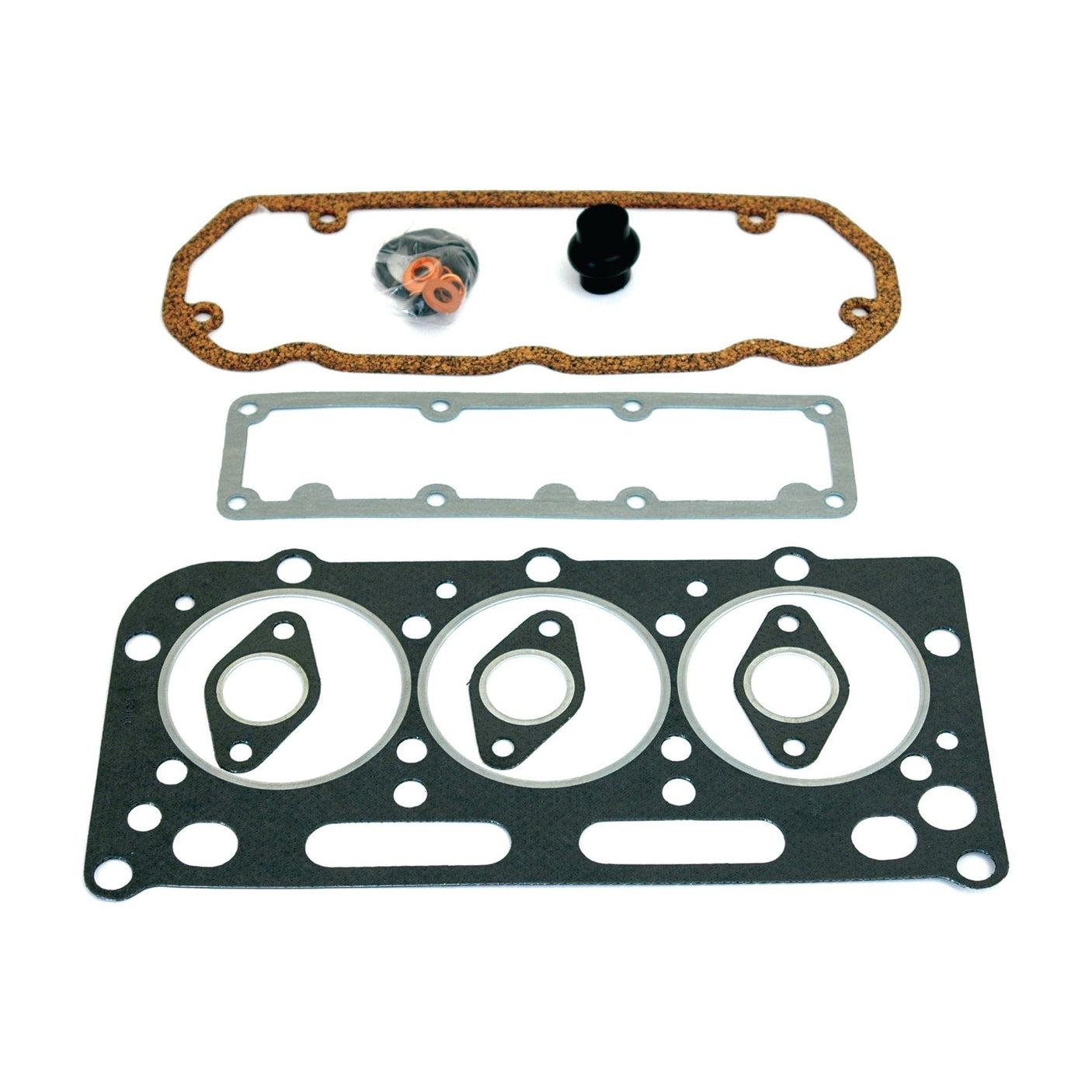 A Sparex Top Gasket Set for 3 Cylinder David Brown engines (models AD3/49 and AD3/55), featuring a head gasket, valve cover gasket, and various smaller seals, all neatly laid out on a white surface. The Sparex Part Number is S.57549.