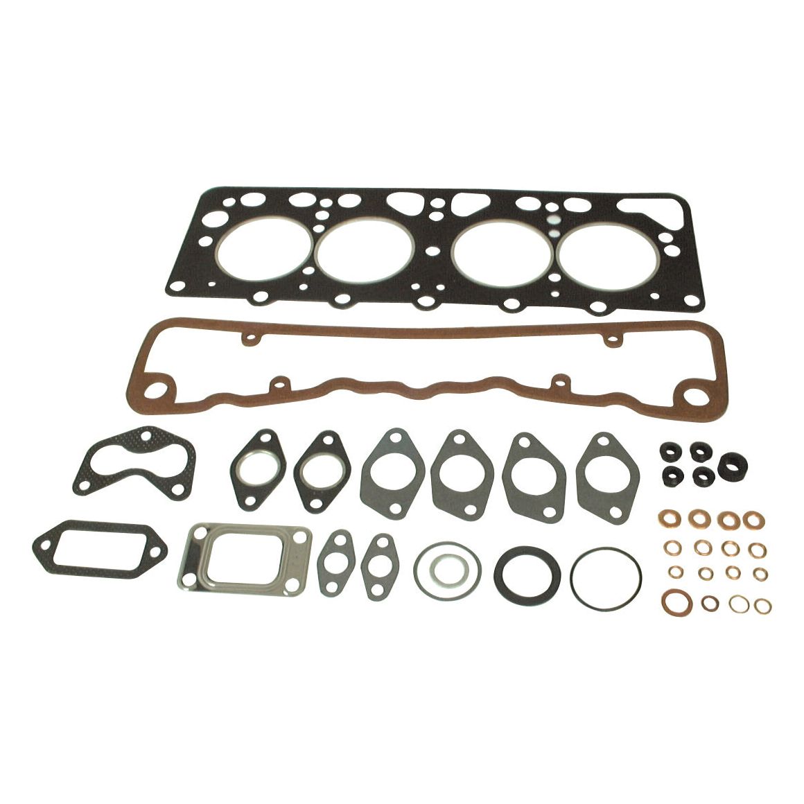 An assortment of gaskets and seals meticulously organized, featuring the Top Gasket Set - 4 Cyl. (AD4/55-T, AD4/49) by Sparex (Part No. S.57551), alongside valve cover gaskets and various smaller components.