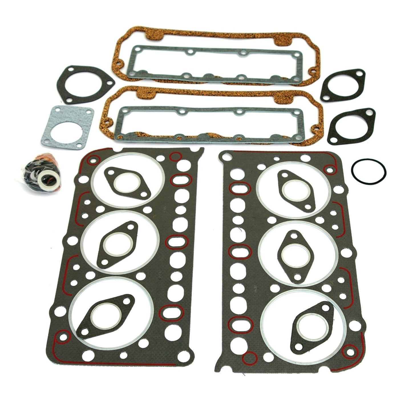 A comprehensive Top Gasket Set - 6 Cyl., including head gaskets, valve cover gaskets, exhaust manifold gaskets, and other seals, arranged on a white background. Ideal for Case IH / International Harvester models. Available under Sparex Part No.S.57552 by Sparex.