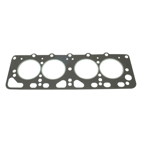 The Sparex Head Gasket - 4 Cyl. (AD4/55-T, AD4/49), known by part number S.57554, is a rectangular metal gasket compatible with David Brown Engine or Case IH models, featuring four circular openings for engine cylinders and multiple smaller holes for bolts and fluid passages.