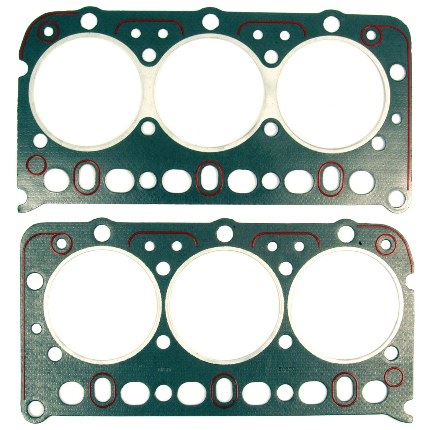 Two Sparex head gaskets for a David Brown engine (6 cylinder models AD6/55, AD6/55T, 330.001, 330.002, 330.101, and 330.102), each featuring four circular cutouts and multiple holes for bolts and fluids, lie side by side on a white background. Perfect tractor parts ready for installation – Sparex Part No.S.57555.