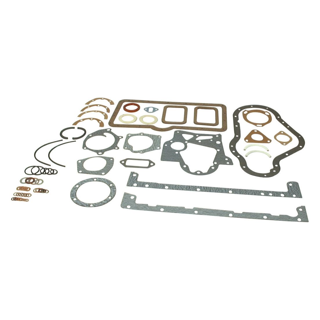 A variety of automotive gaskets and seals are laid out on a white background, including o-rings and large and small gaskets. Among them is the Sparex Bottom Gasket Set (AD4.49, AD4.55, AD4.55T) with Sparex Part No.S.57561 for a David Brown Engine.