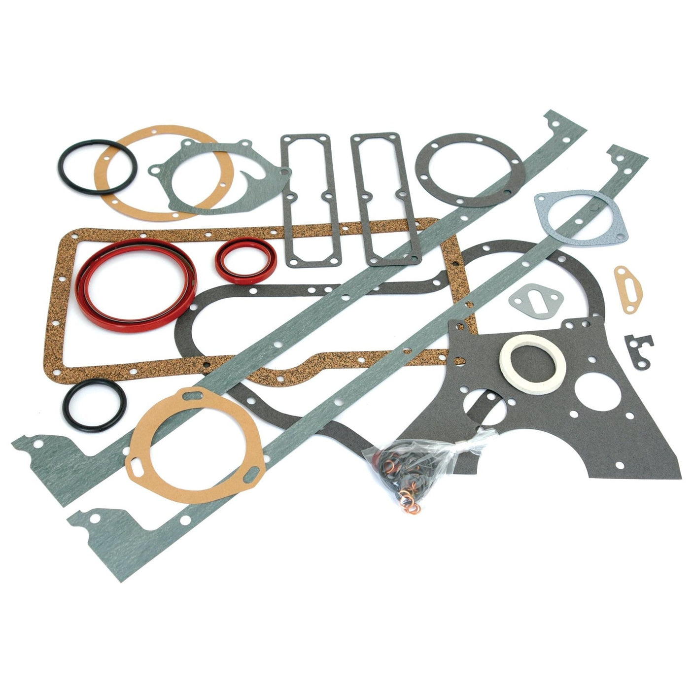 The Sparex Bottom Gasket Set - 6 Cyl. (Sparex Part No.S.57562) is a comprehensive collection of various automotive gaskets and seals, including ring, head, and shaped gaskets in multiple sizes and materials. Perfect for David Brown tractors with a 6 Cylinder engine, it also comes with a small bag of bolts for added convenience.