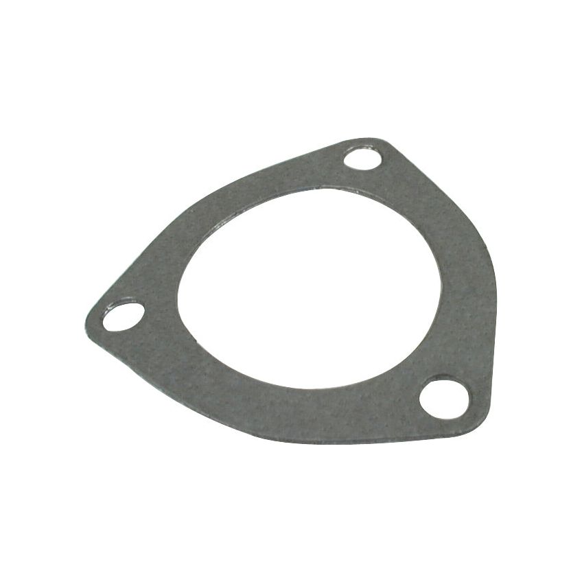 The Sparex Exhaust Manifold Gasket, Part No. S.57570, is a silver, triangular-shaped metal gasket featuring a circular cutout in the center and three smaller evenly spaced circular holes around the outer edge, ideal for use in a Case IH or David Brown engine's exhaust elbow.