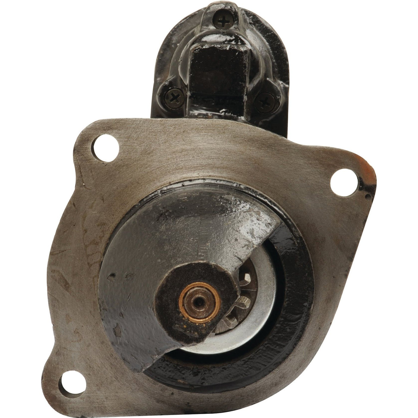 A top view of the Starter Motor - 12V, 2.8Kw (Sparex), Sparex Part No. S.57574, shows a metal mechanical component with a rounded central part and three mounting holes on the flat flange.