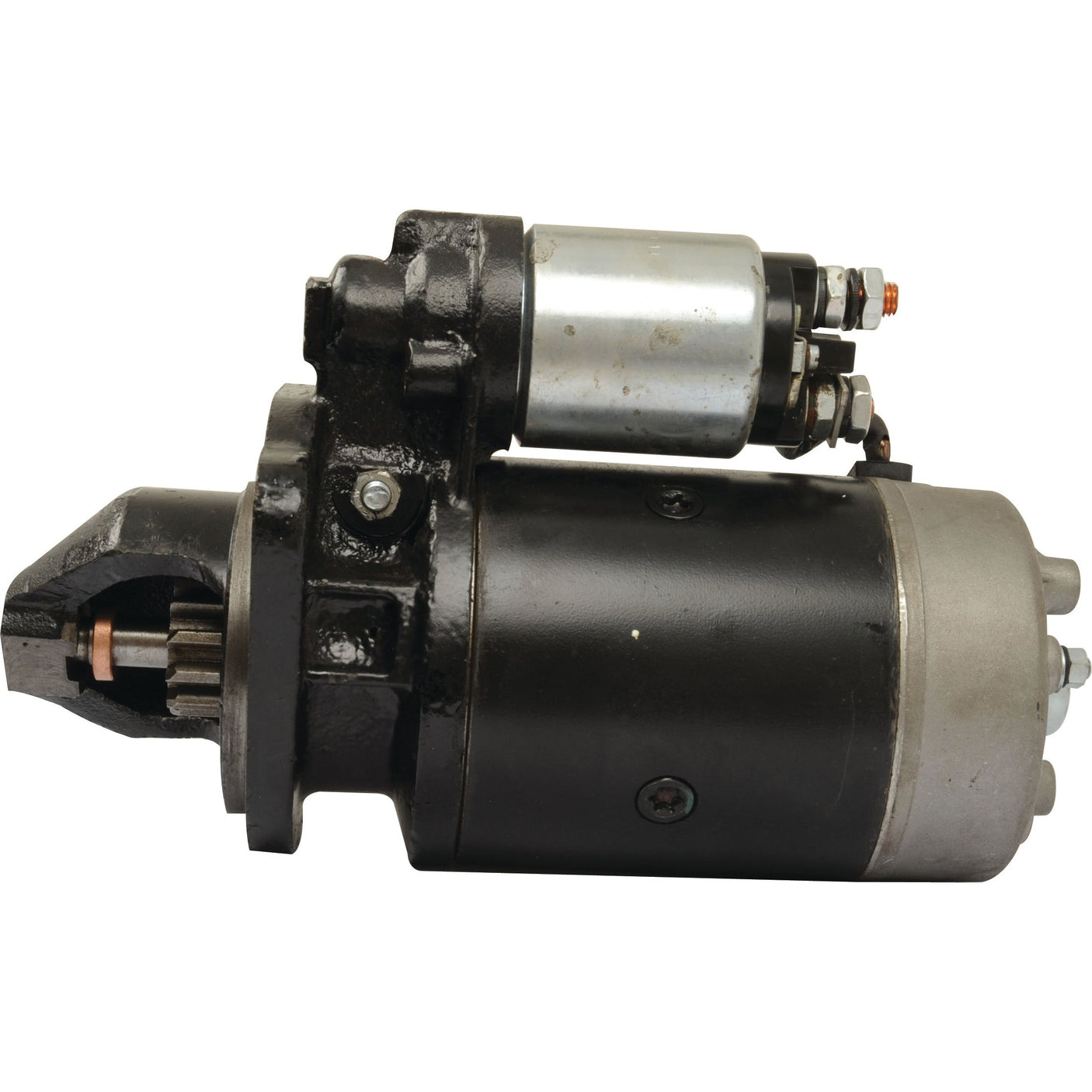 A black and silver Starter Motor - 12V, 2.8Kw (Sparex) by Sparex, featuring wiring connections and a gear mechanism (Part No.S.57574).