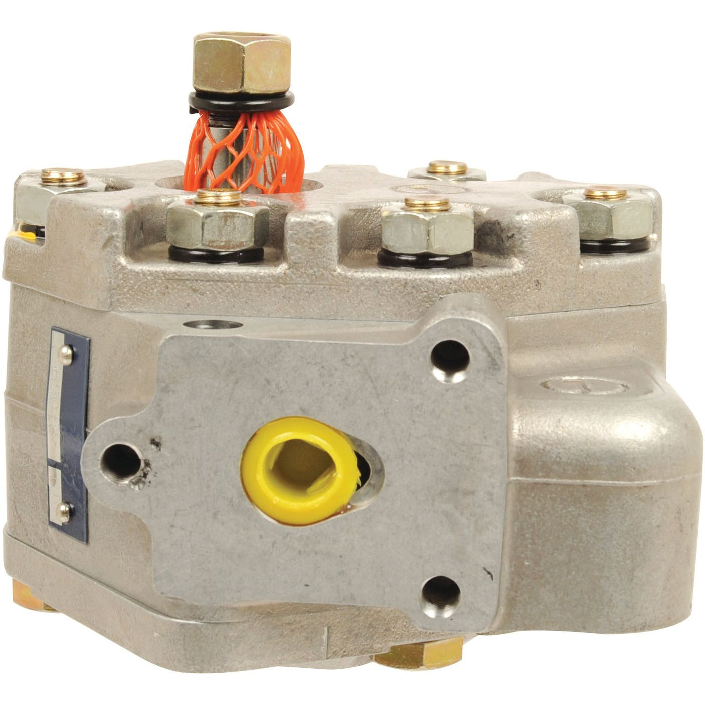 The Sparex Hydraulic Pump (Part No. S.57576) is a versatile control valve with multiple ports and connectors, commonly used in Case IH and David Brown machinery. The unit features a distinct yellow port and is finished with a bolt wrapped in orange wire.