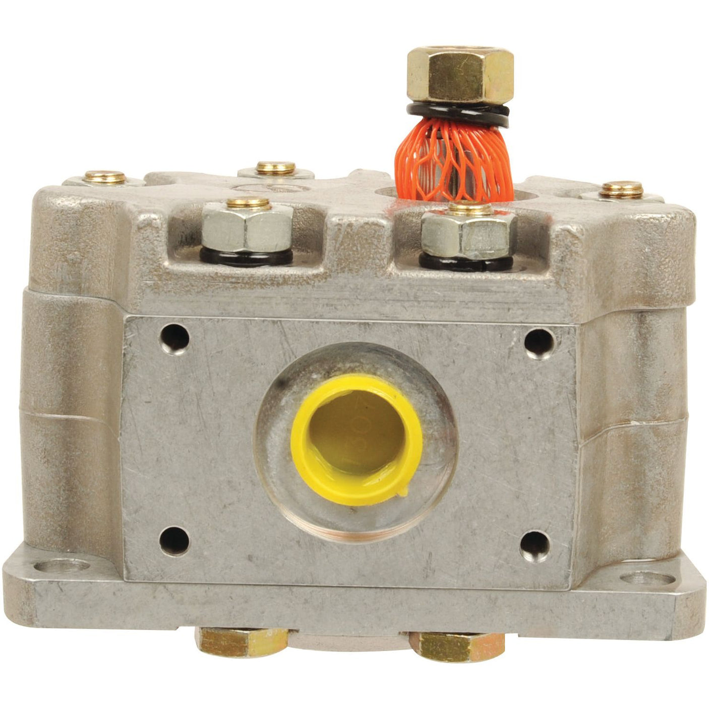 Image of the Hydraulic Pump | Sparex Part No.S.57576, a metallic industrial valve block featuring various connectors and a yellow-capped opening, similar to those used in Case IH hydraulic pump systems by the brand Sparex.