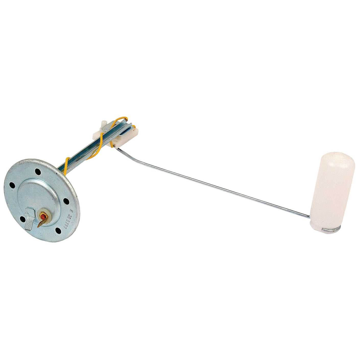 Image of the Sparex Fuel Sender Unit (Part No. S.57585) featuring a float attached to a metal rod, connected to a mounting plate with electrical wiring. Ideal for David Brown tractors and compatible with various Case IH parts.