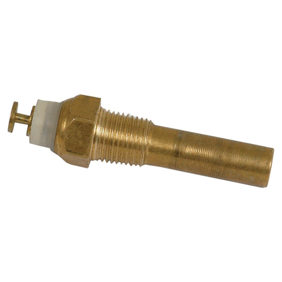 The Temperature Sender Switch, Sparex Part No. S.57593, features a gold-colored, threaded metal valve stem with a white tip and a hexagonal nut in the middle, designed for compatibility with Case IH machinery.