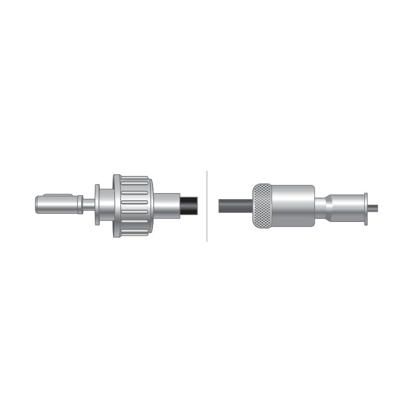 Illustration of a quick-connect coupling system with two parts shown separately, featuring a ribbed connector on the left and a threaded connector on the right, similar to components used in Sparex Drive Cable (Length: 1265mm, Outer cable length: 1230mm) - Sparex Part No. S.57594.