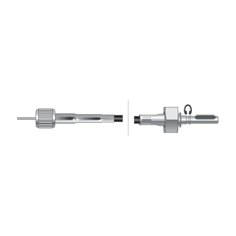 Two views of the Sparex drive cable, with threaded ends, separated by a space. The left view shows the side profile, while the right view displays the top profile with a circular loop. Ideal for use with David Brown 1190 tractors or similar systems. Product details: Drive Cable - Length: 1434mm, Outer cable length: 1400mm, Sparex Part No.S.57596.