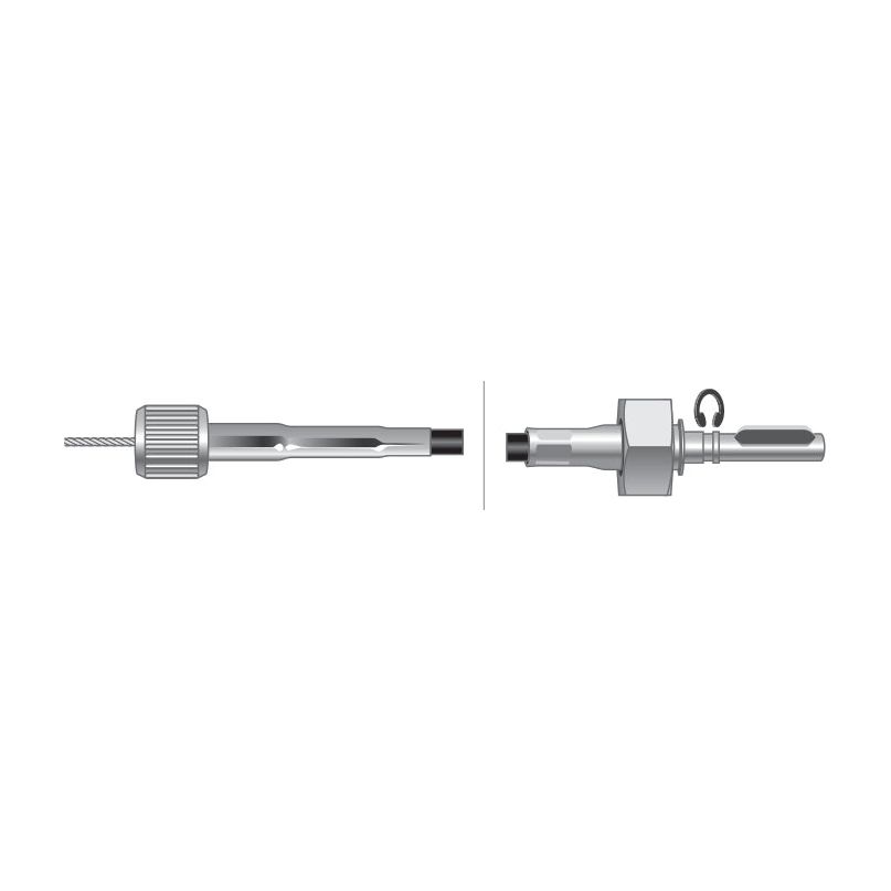 Two metal connectors separated by a vertical line, featuring a Sparex Drive Cable on the left that resembles a terminator, and on the right, a tubular plug with a hexagonal section and latch.