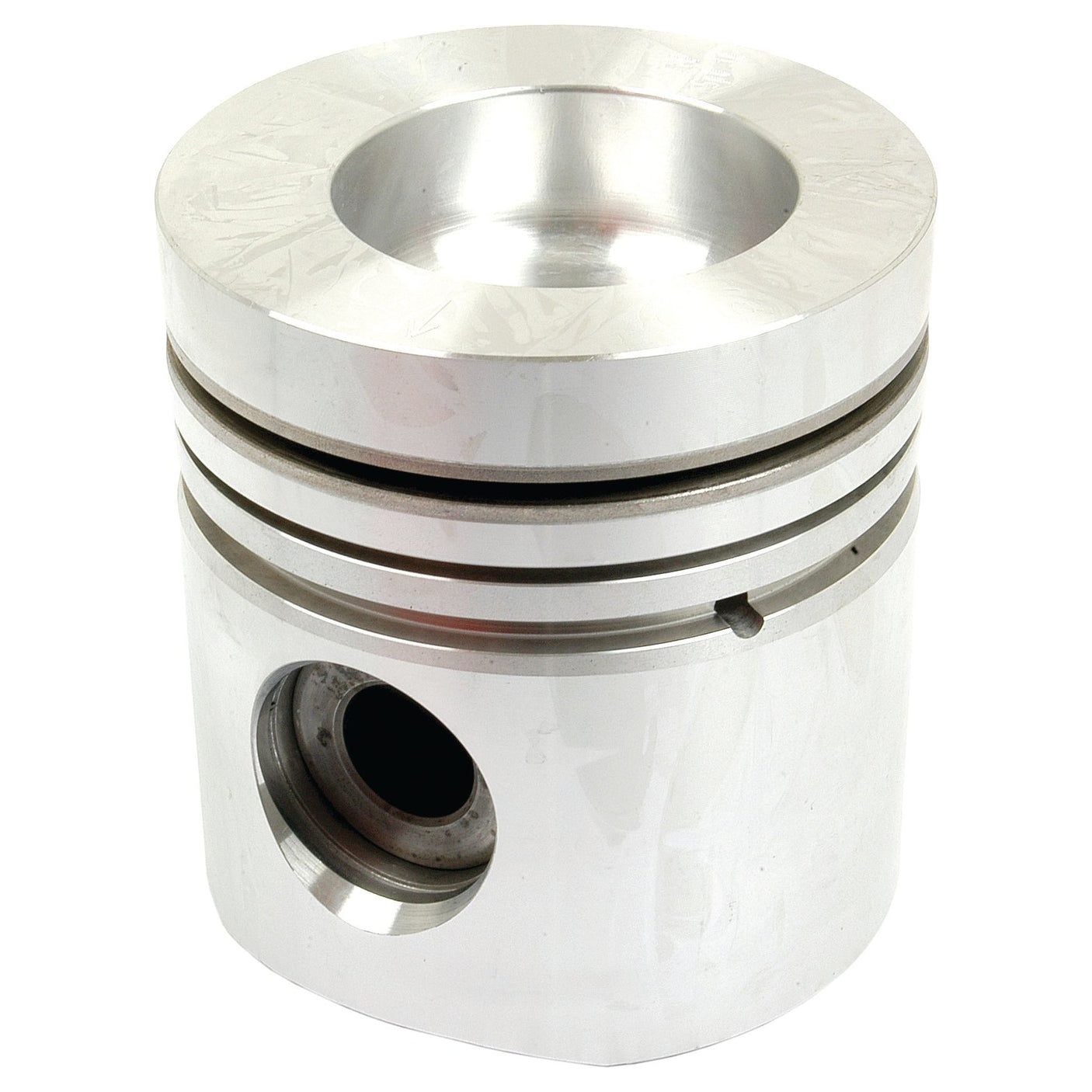 The Sparex Piston (Standard) - S.57631 is a shiny silver metal piston featuring three grooves near the top, a circular hole through the side, and a precise compression height, designed for use in an engine.