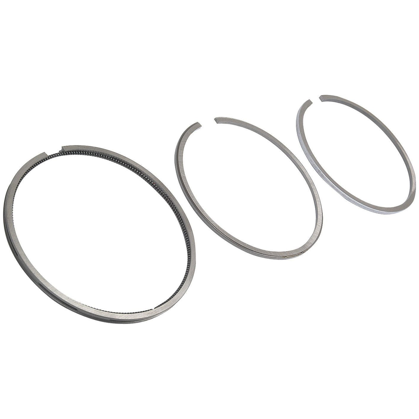 Three Piston Rings, Sparex Part No.S.57632, in chrome plating and varying sizes are arranged in a line against a plain white background.