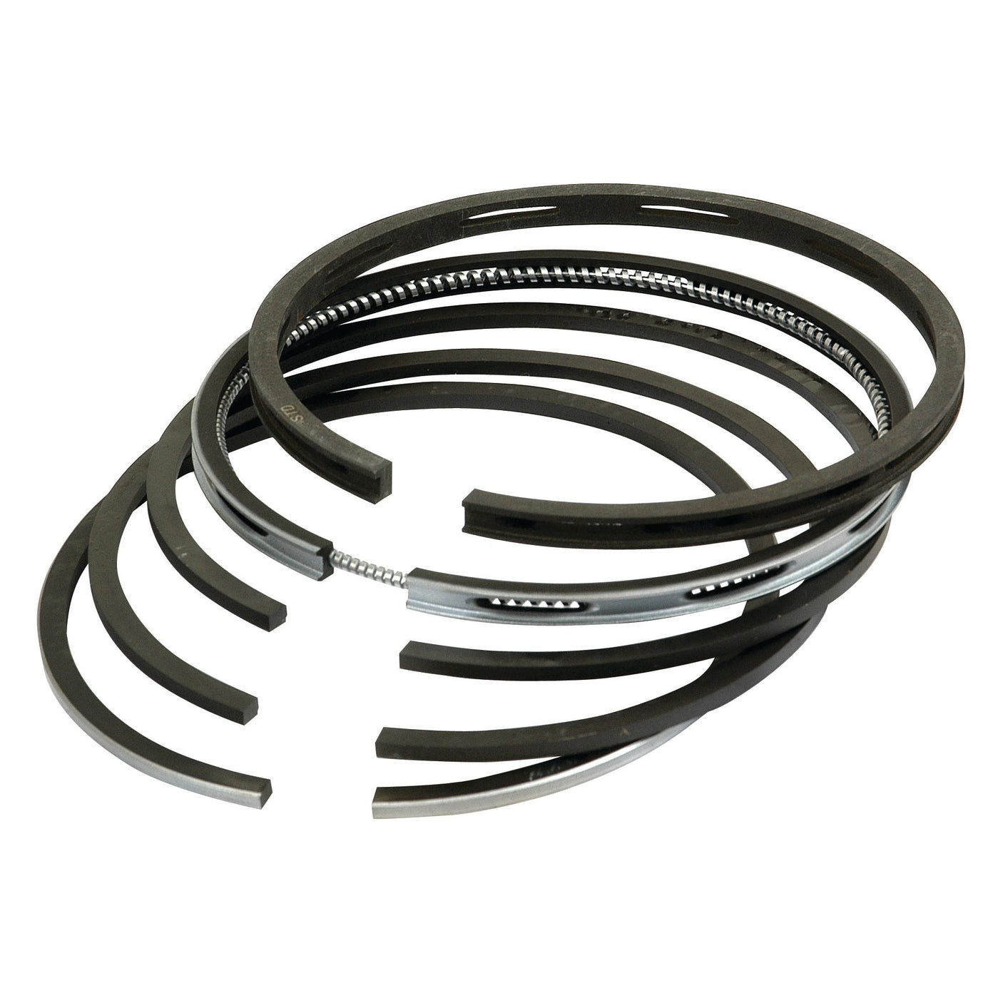 The Sparex Piston Ring set (Part No. S.57635) consists of a variety of automotive piston rings arranged in a staggered stack, featuring different designs and materials such as chrome-plated rings and black components, with some incorporating springs. This versatile ring set guarantees top performance and is suitable for International Harvester engines.