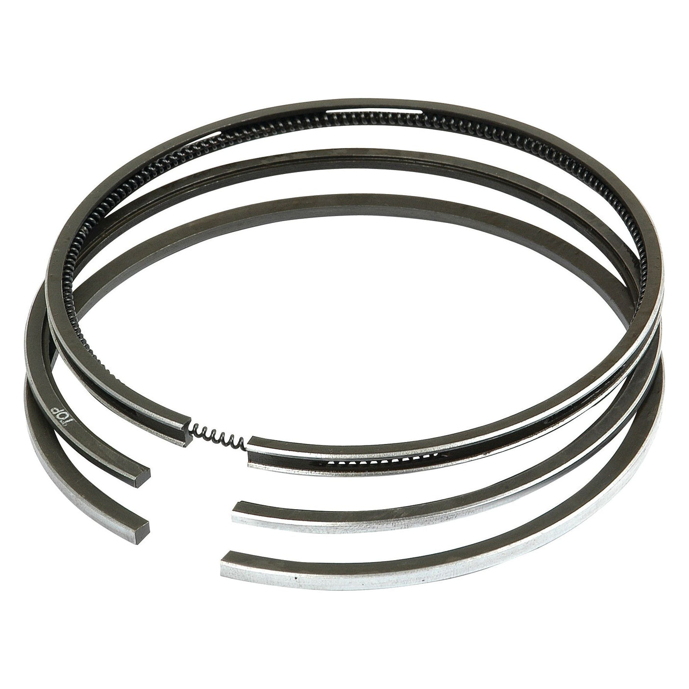 A set of three chrome-plated, metallic piston rings with gaps, arranged in a stack - Piston Ring (Sparex Part No. S.57637) by Sparex.