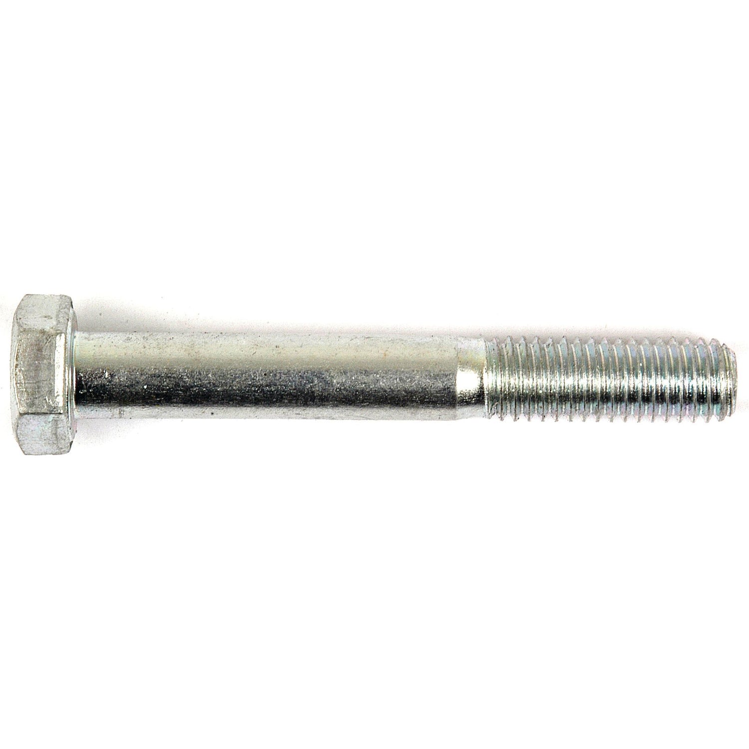 A close-up of the Sparex Metric Bolt M8x60mm (DIN 931) | Sparex Part No.S.5764, featuring threading on one end and a hexagonal head on the other. This Grade 8.8 zinc-plated metallic bolt ensures durability and reliability for various applications.