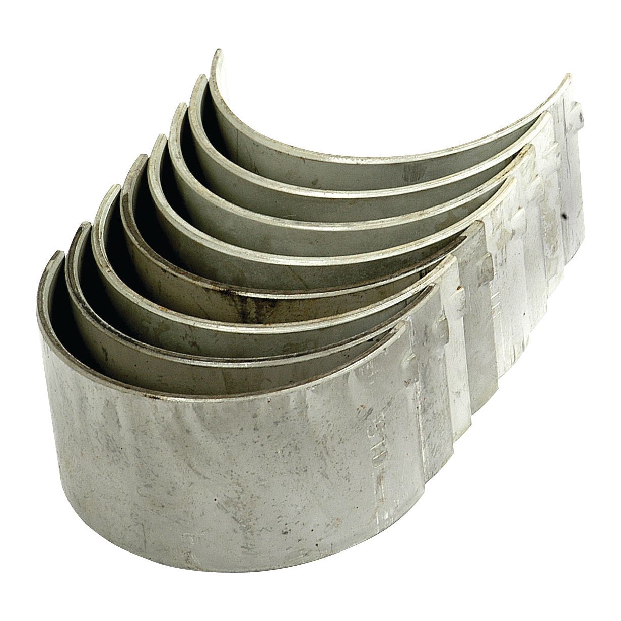 A set of curved metal engine bearings, such as the Conrod Bearing Std. Set (Sparex Part No. S.57650) offered by Sparex, arranged in a row, are used for reducing friction between moving parts within an engine.