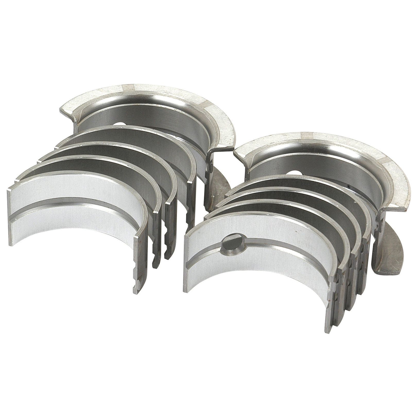 The Main Bearing Std. (Set) from Sparex, Part No. S.57666, is a set of metal engine bearings arranged in pairs, featuring curved surfaces and central holes for mounting, ideal for vehicles such as Case IH or International Harvester models.