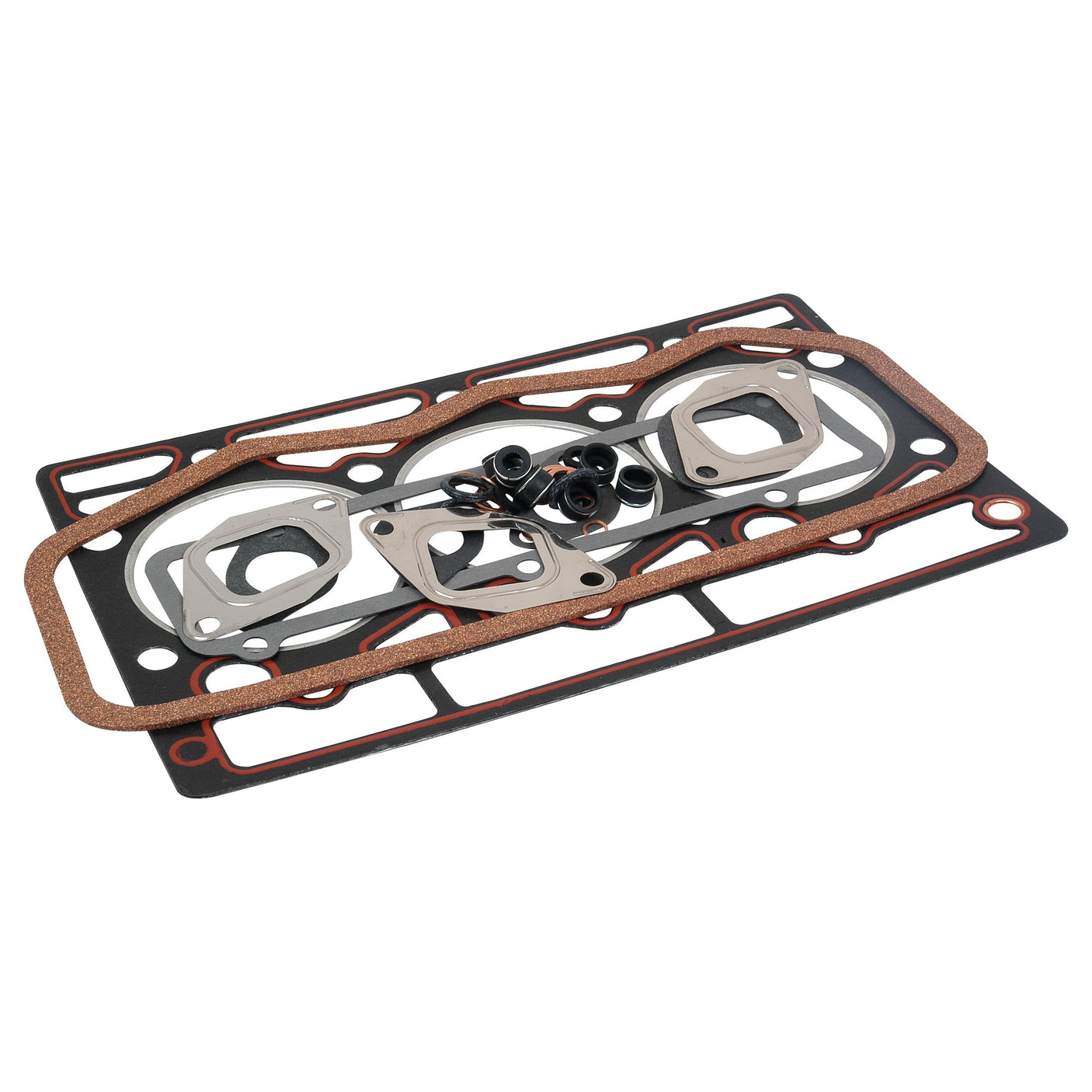 The Top Gasket Set - 3 Cyl. (D155, D179IH) | Sparex Part No. S.57676 includes a variety of durable metal and rubber gaskets and seals, meticulously arranged on a white background. Brought to you by Sparex, this set ensures reliable performance and lasting quality.