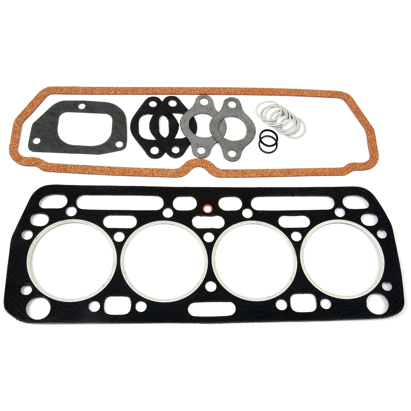 A set of automotive gaskets, including a large multi-hole gasket, smaller gaskets of various shapes, and several O-rings, is displayed on a white background. This Sparex Top Gasket Set - 4 Cyl. (BD144, BD154) | Sparex Part No. S.57677 offers a comprehensive repair solution.