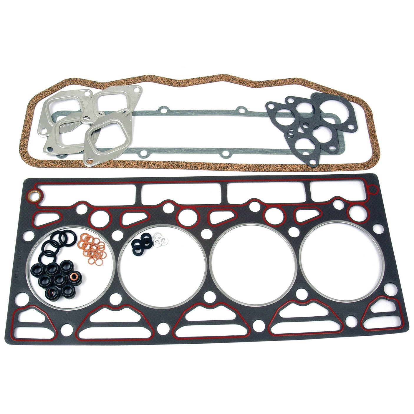 Introducing the Sparex Top Gasket Set for 4 Cyl engines (D206, D239, D246), Sparex Part No. S.57678. This high-quality set features automotive gaskets and seals, including a head gasket, copper washers, rubber O-rings, and various other precisely arranged components on a white background.