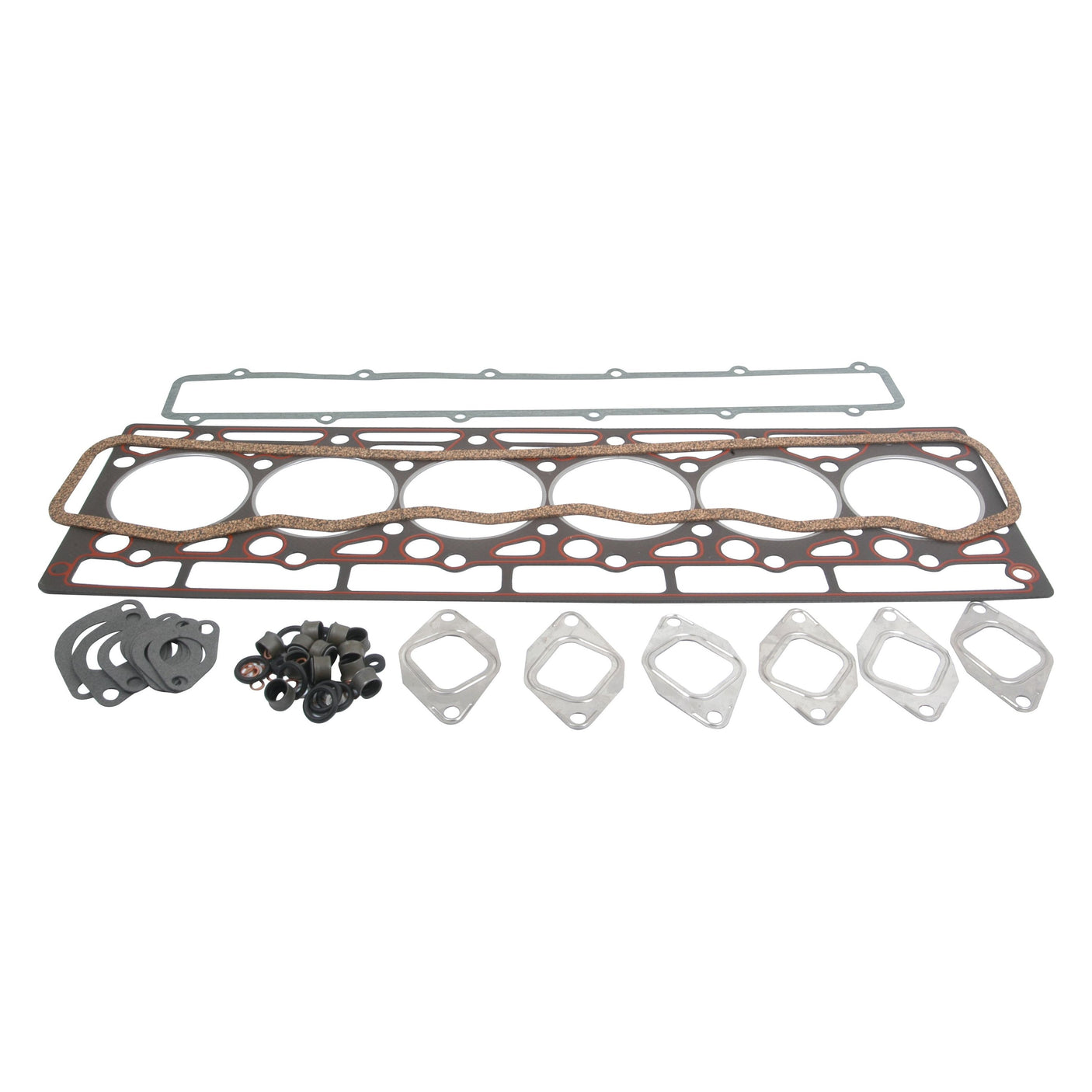 Image of a Top Gasket Set - 6 Cyl. for Case IH / International Harvester tractors, featuring the Sparex Part No. S.57679 head gasket, various smaller gaskets, and a collection of bolts and washers, all arranged on a white background.