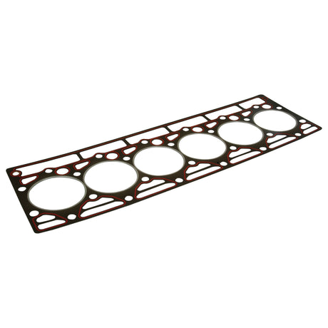 A flat, rectangular head gasket with six circular openings designed for an inline 6-cylinder engine, suitable for models like the International Harvester, available as the Sparex Head Gasket - 6 Cyl. (D310, D358, D402) | Part No. S.57683.