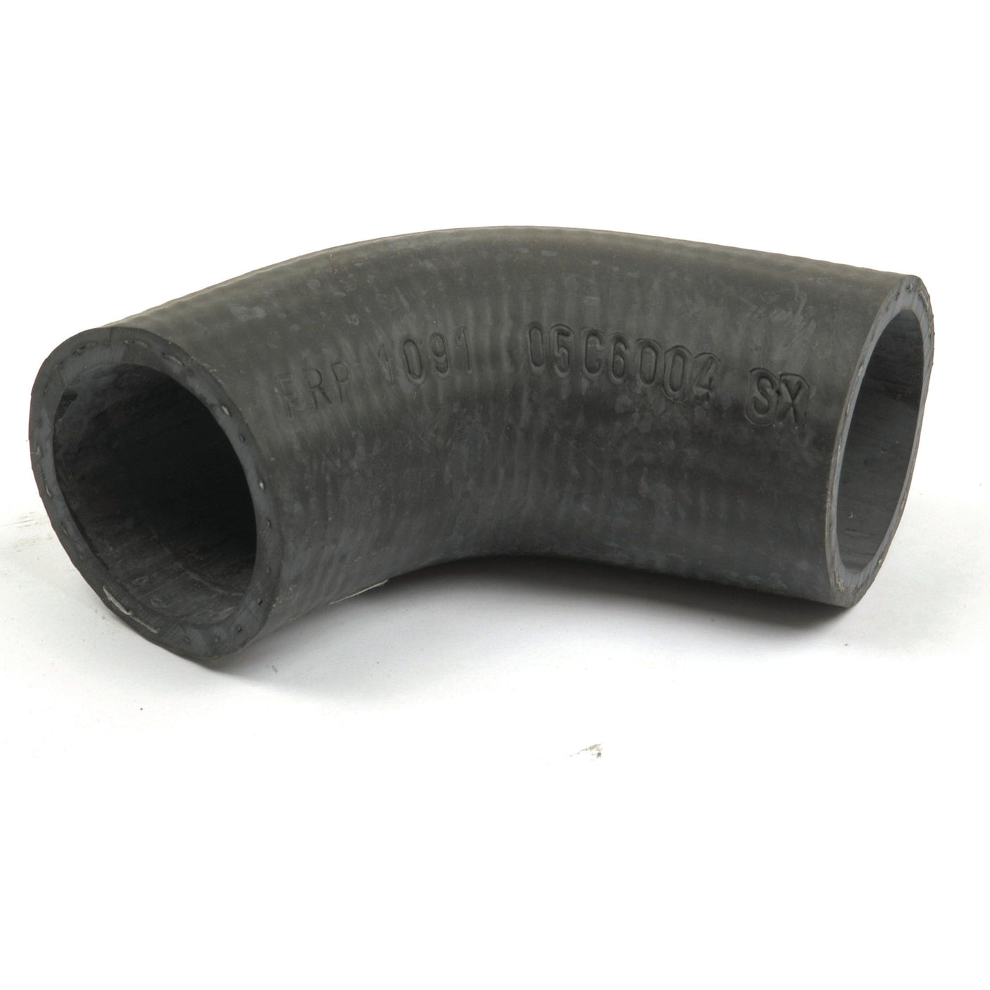 A black, curved Sparex Inlet Hose (Sparex Part No. S.57704) with a smaller end inner diameter of 38mm and a bigger end inner diameter of 40mm, featuring white alphanumeric markings on its outer surface, secured with a hose clip and resting on a white background.