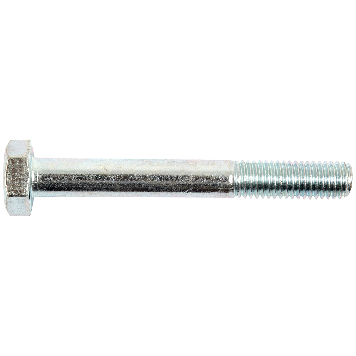 A metallic hexagonal Metric Bolt M10x100mm (DIN 931) from Sparex, featuring a smooth shank and threaded end, zinc plated for durability and compatible with Zetor.