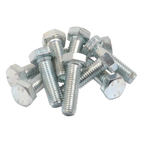 A collection of zinc-plated hex head bolts, featuring Sparex Metric Setscrews (DIN 933) M12x40mm with a tensile strength of 8.8, in various orientations isolated on a white background.