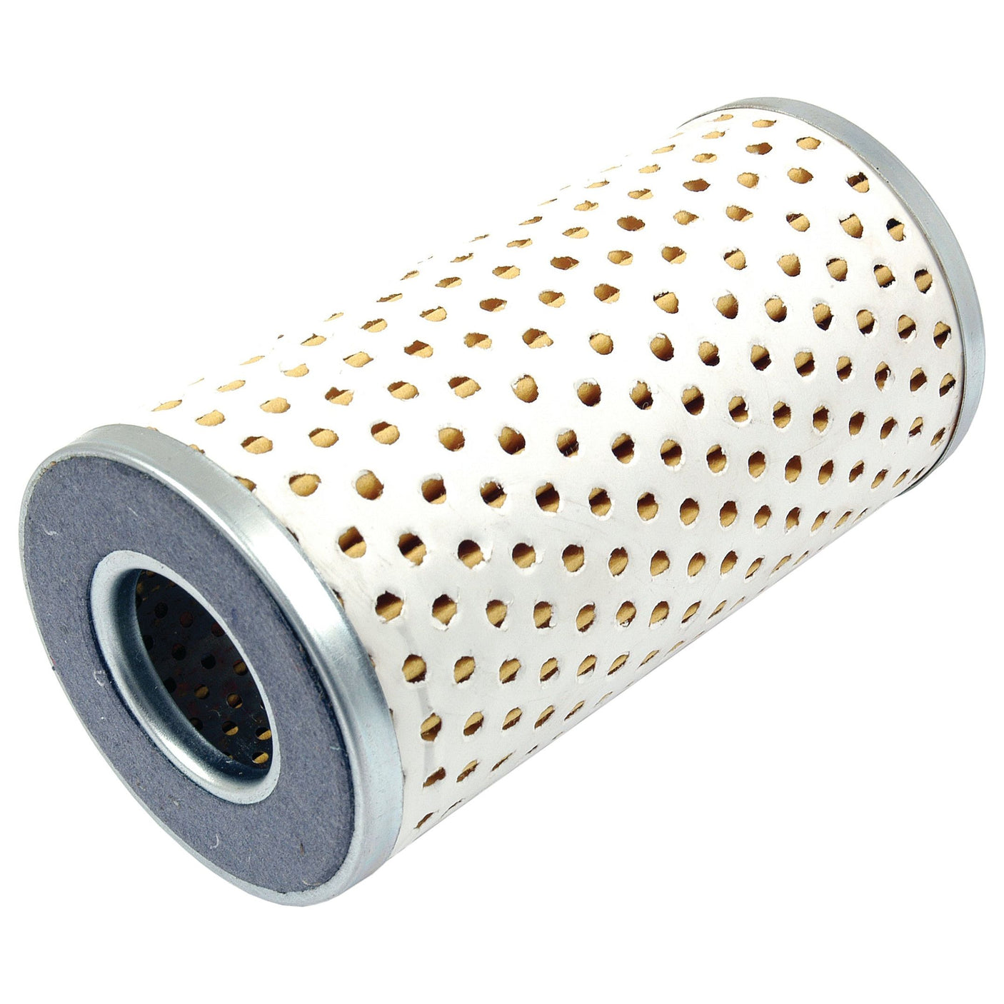 The Sparex Oil Filter - Element (Part No. S.57751) features a perforated metal casing, a visible inner filter element, and sturdy metal ends. Ideal for diesel engines, this oil filter guarantees optimal performance and longevity.