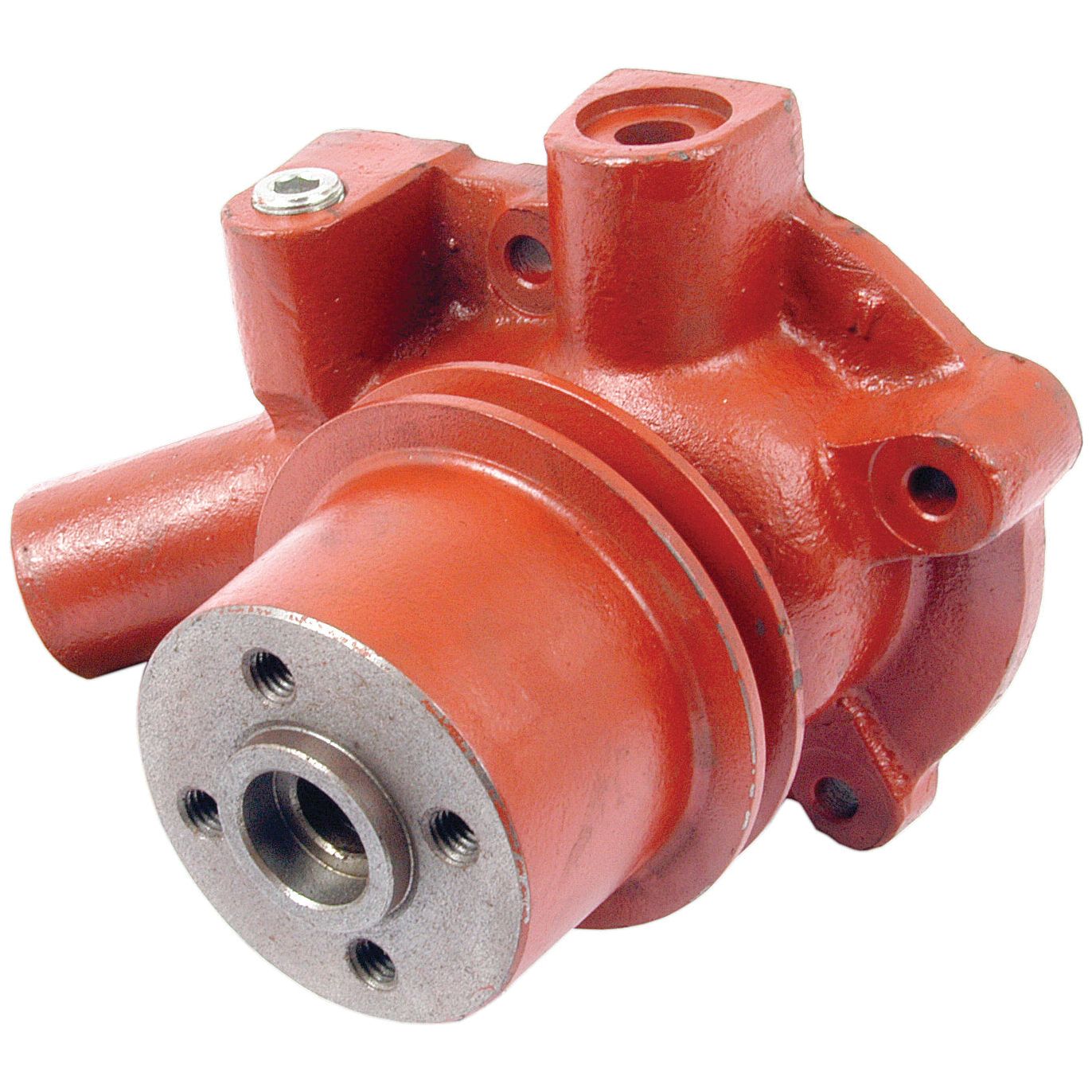 The Water Pump Assembly (Supplied with Pulley) from Sparex, part number S.57753, is a red metallic mechanical component featuring multiple openings, a circular silver flange on one side, and mounting holes. This assembly is compatible with the David Brown 1200 and exhibits a design similar to a V-Style Pulley, making it ideal for repairs or replacements.