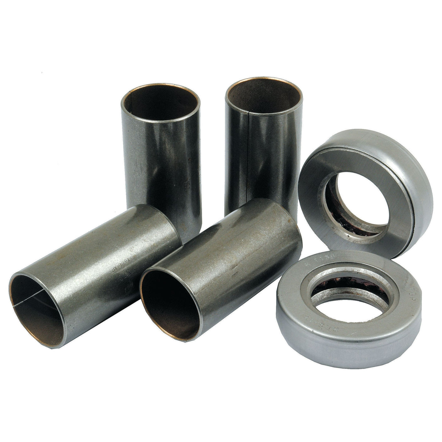 Image of three cylindrical steel bushings and two circular metal bearings with inner and outer raceways, ideal components for the Sparex Spindle Repair Kit (Part No. S.57754).