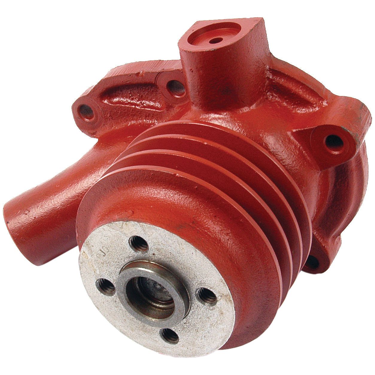 A Sparex Water Pump Assembly (Supplied with Pulley), Sparex Part No.S.57756, featuring a red metal engine cylinder head component with visible fins and bolt holes, is displayed next to a Triple Groove Poly-Vee Pulley on a white background.