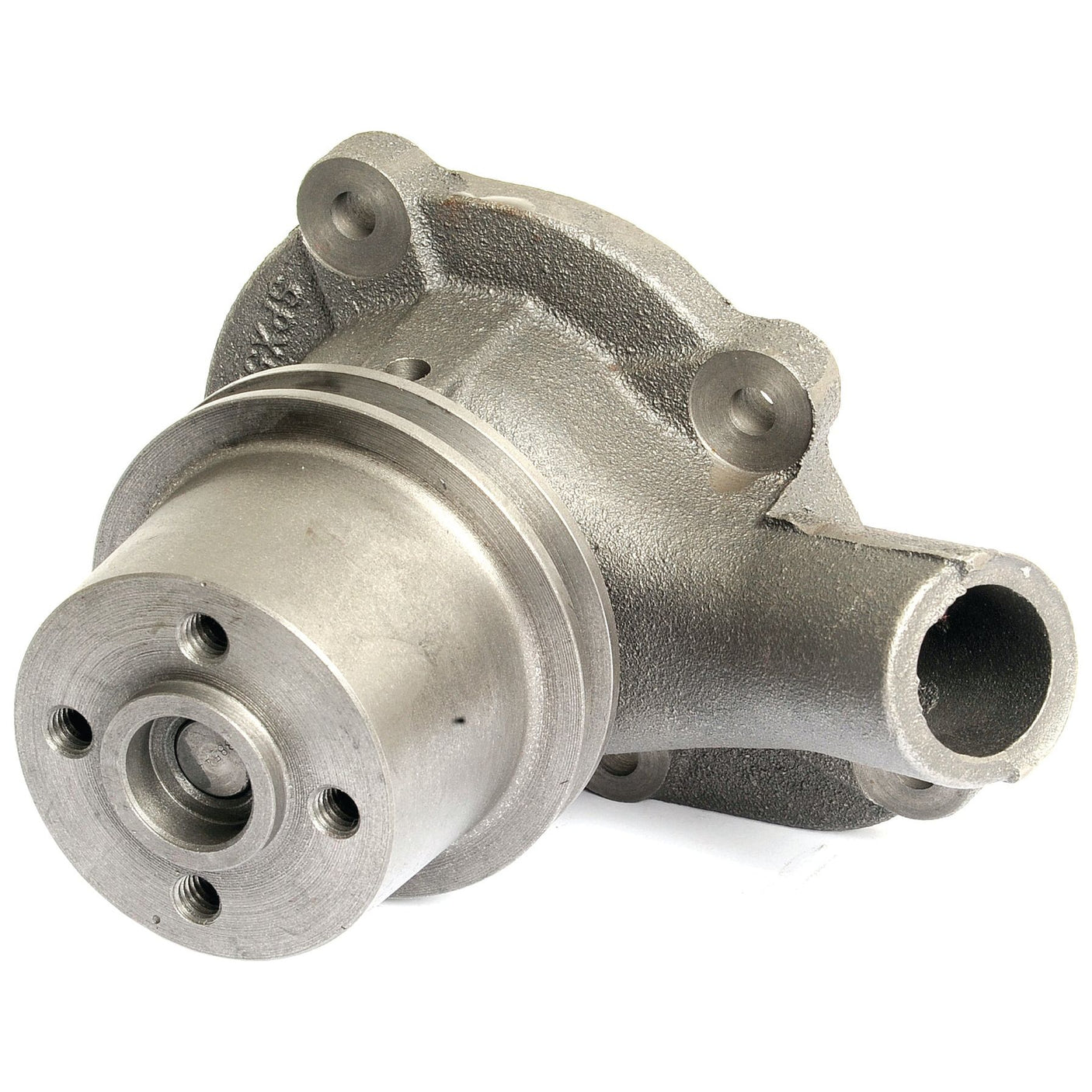 A Sparex Water Pump Assembly (Supplied with Pulley) | Sparex Part No. S.57757 for a David Brown 1190, featuring a cylindrical shape with multiple bolt holes and a side spout.